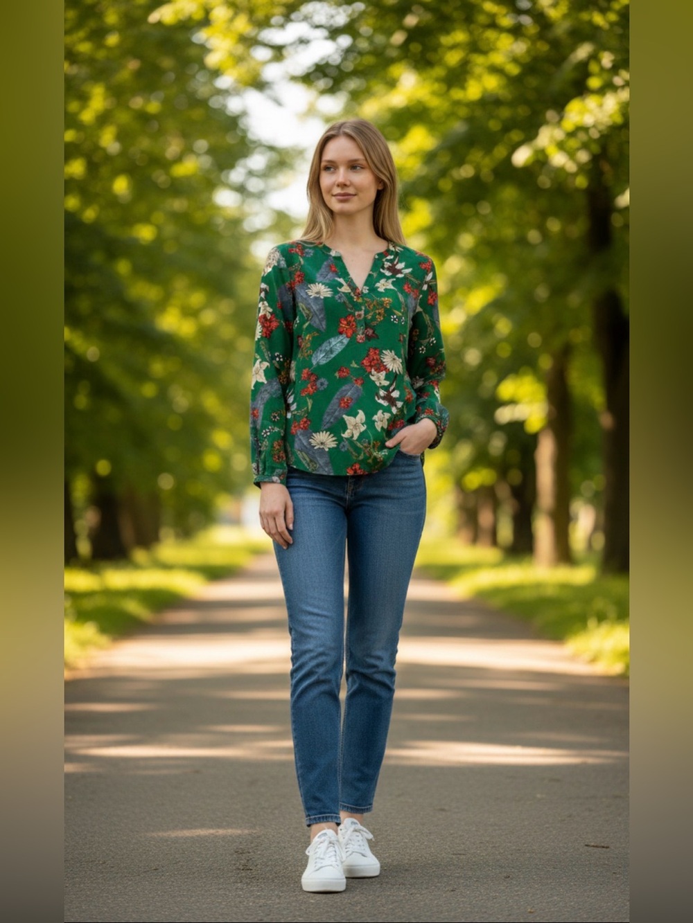 Dalia Women's Medium Green Floral‎ Blouse Long Sleeve Colorful Cottagecore